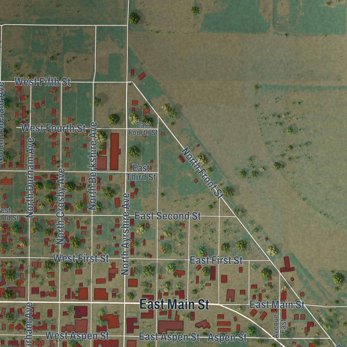Second close-up of the map of Crosbyton, Texas print showing more streets and buildings
