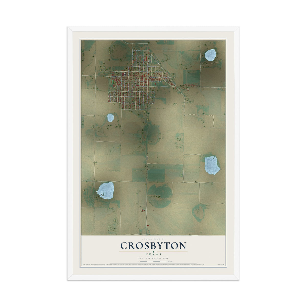 Map of Crosbyton, Texas, 12 x 18 inch print in a white wood frame