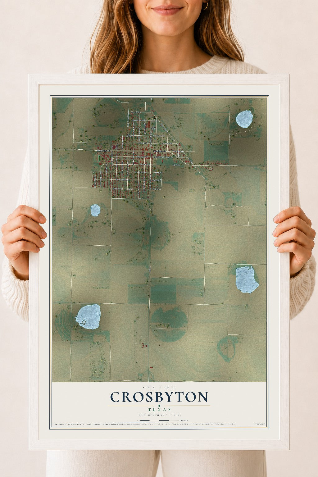 Map of Crosbyton, Texas, 18 x 24 inch print in a white wood frame