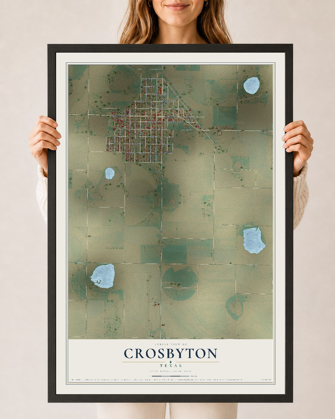 Map of Crosbyton, Texas, 24 x 36 inch print in a black wood frame