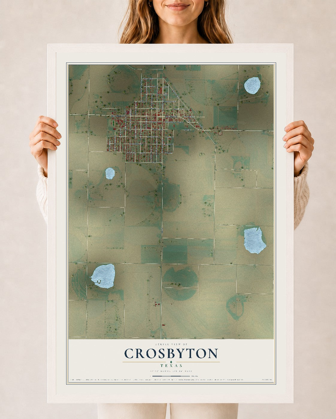 Map of Crosbyton, Texas, 24 x 36 inch print in a white wood frame
