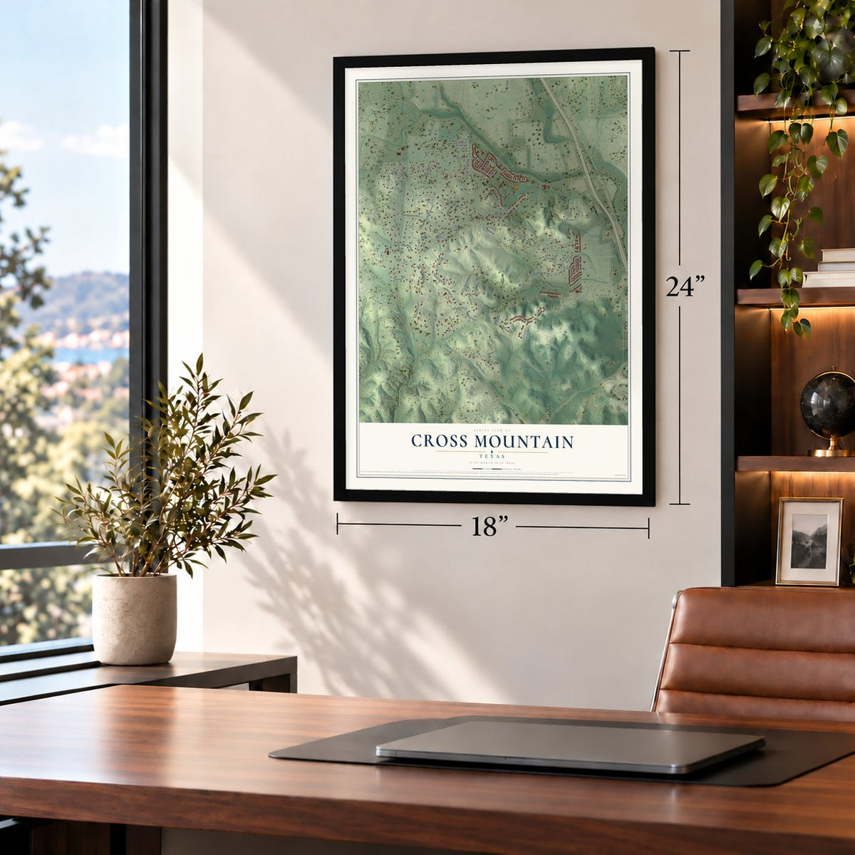 Cross Mountain, Texas map, 18 x 24 inch print in a black frame in a home office
