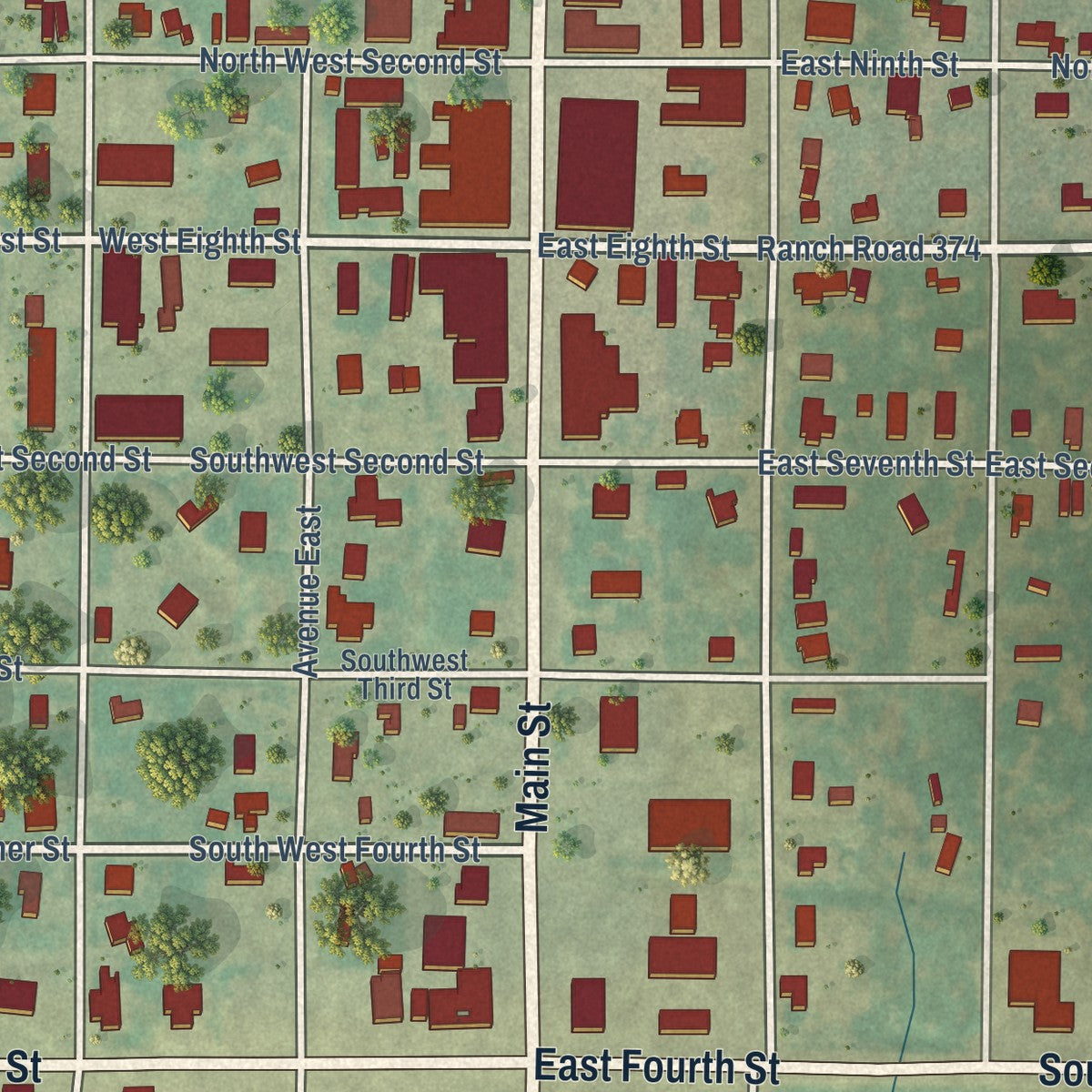 Close-up of the map of Cross Plains, Texas print showing street and building detail