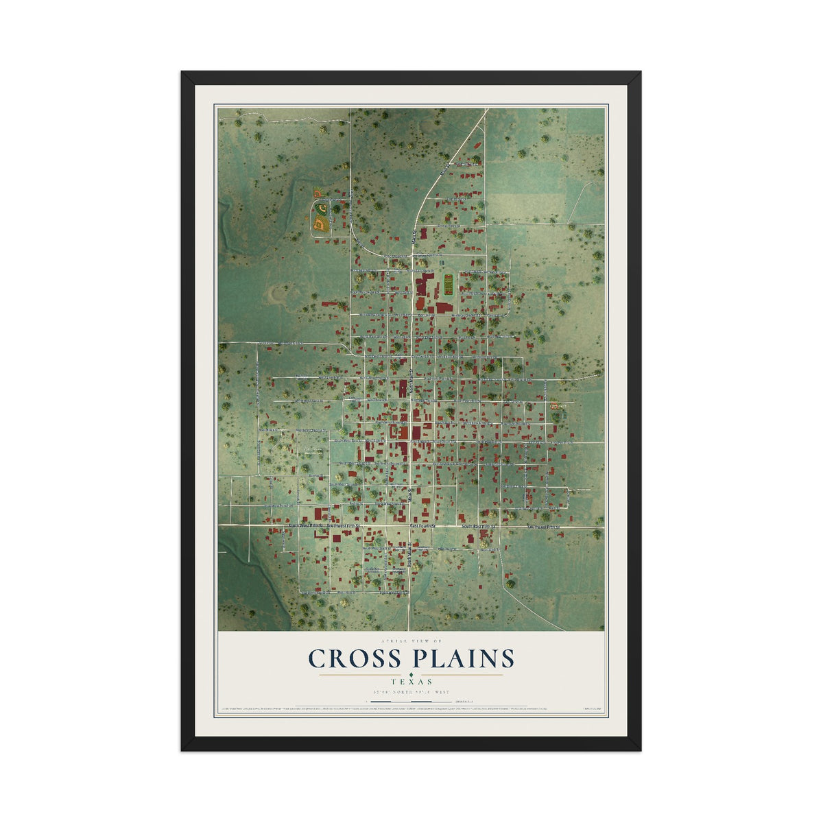 Map of Cross Plains, Texas, 12 x 18 inch print in a black wood frame