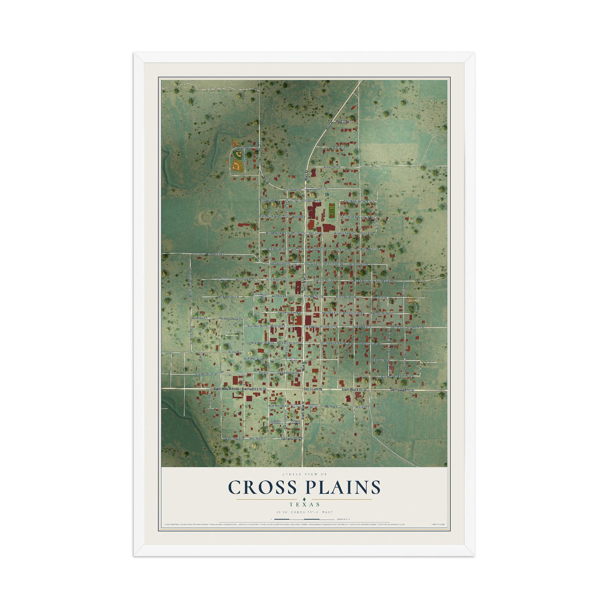 Map of Cross Plains, Texas, 12 x 18 inch print in a white wood frame