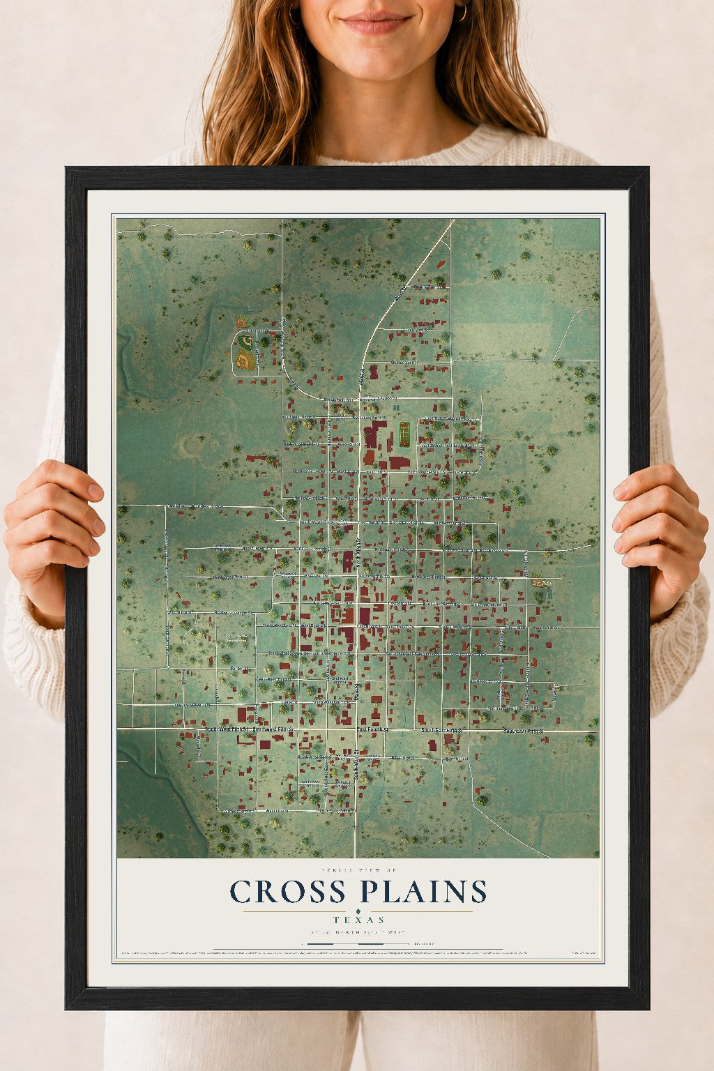 Map of Cross Plains, Texas, 18 x 24 inch print in a black wood frame