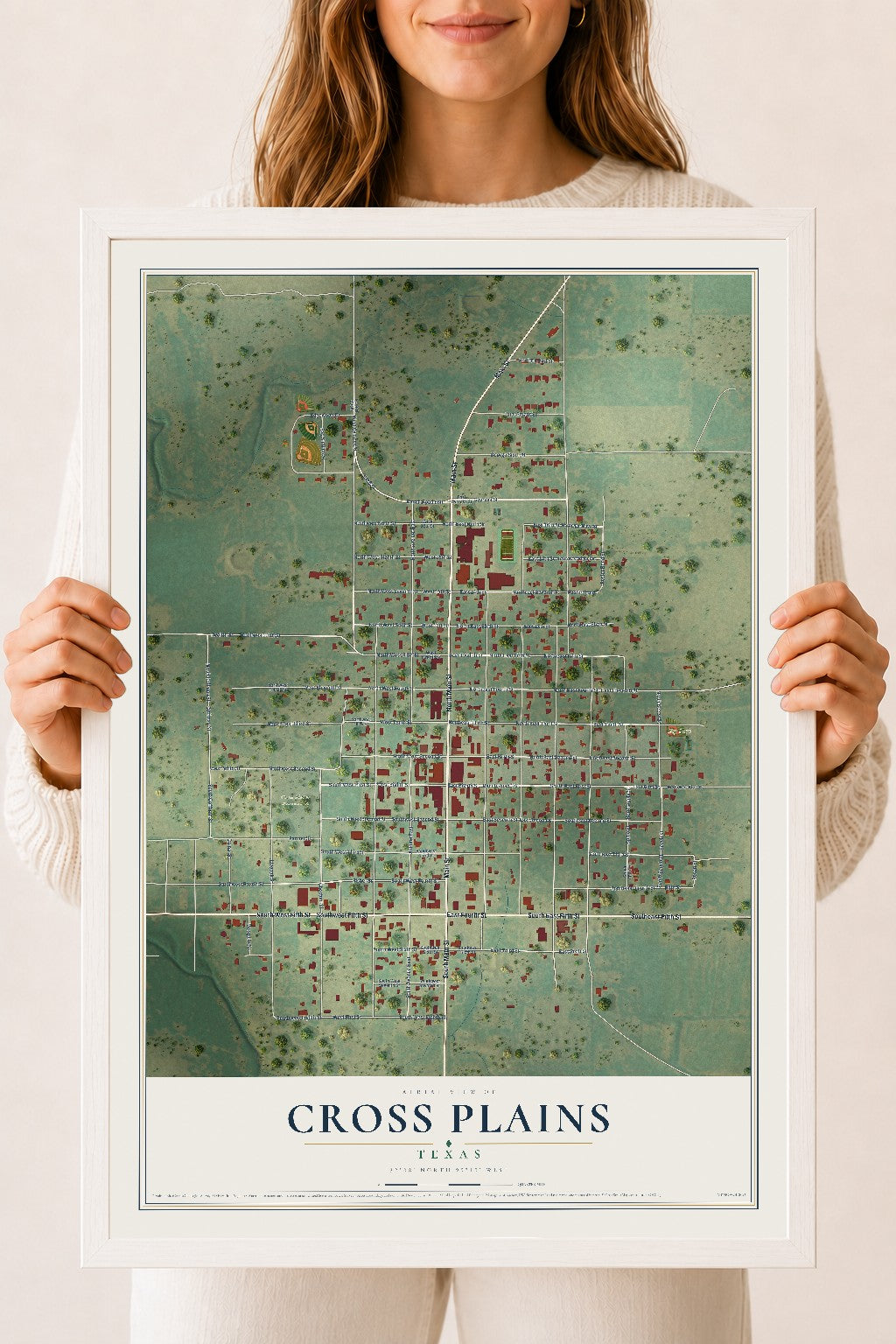 Map of Cross Plains, Texas, 18 x 24 inch print in a white wood frame