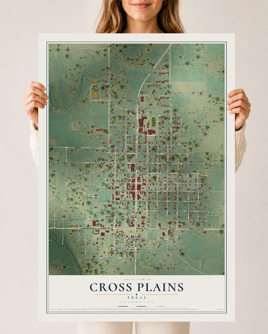 Map of Cross Plains, Texas, 24 x 36 inch unframed archival matte print