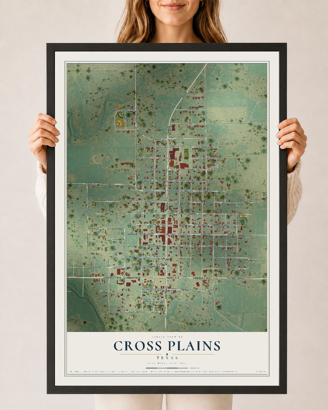 Map of Cross Plains, Texas, 24 x 36 inch print in a black wood frame