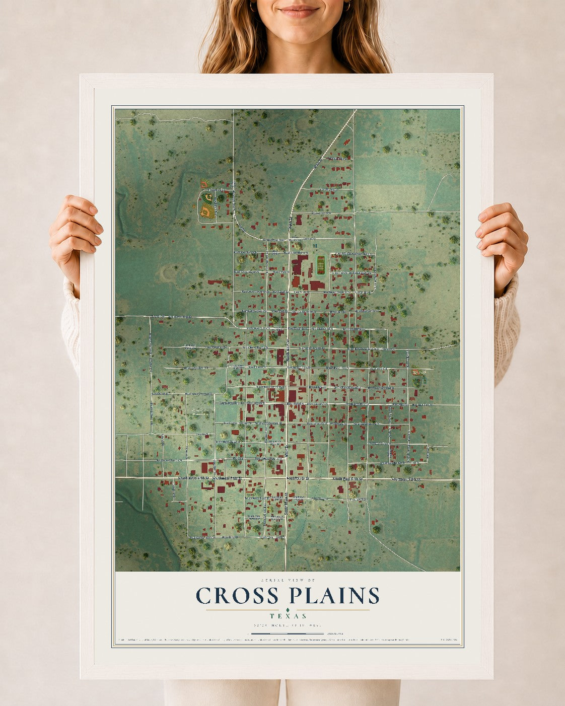 Map of Cross Plains, Texas, 24 x 36 inch print in a white wood frame