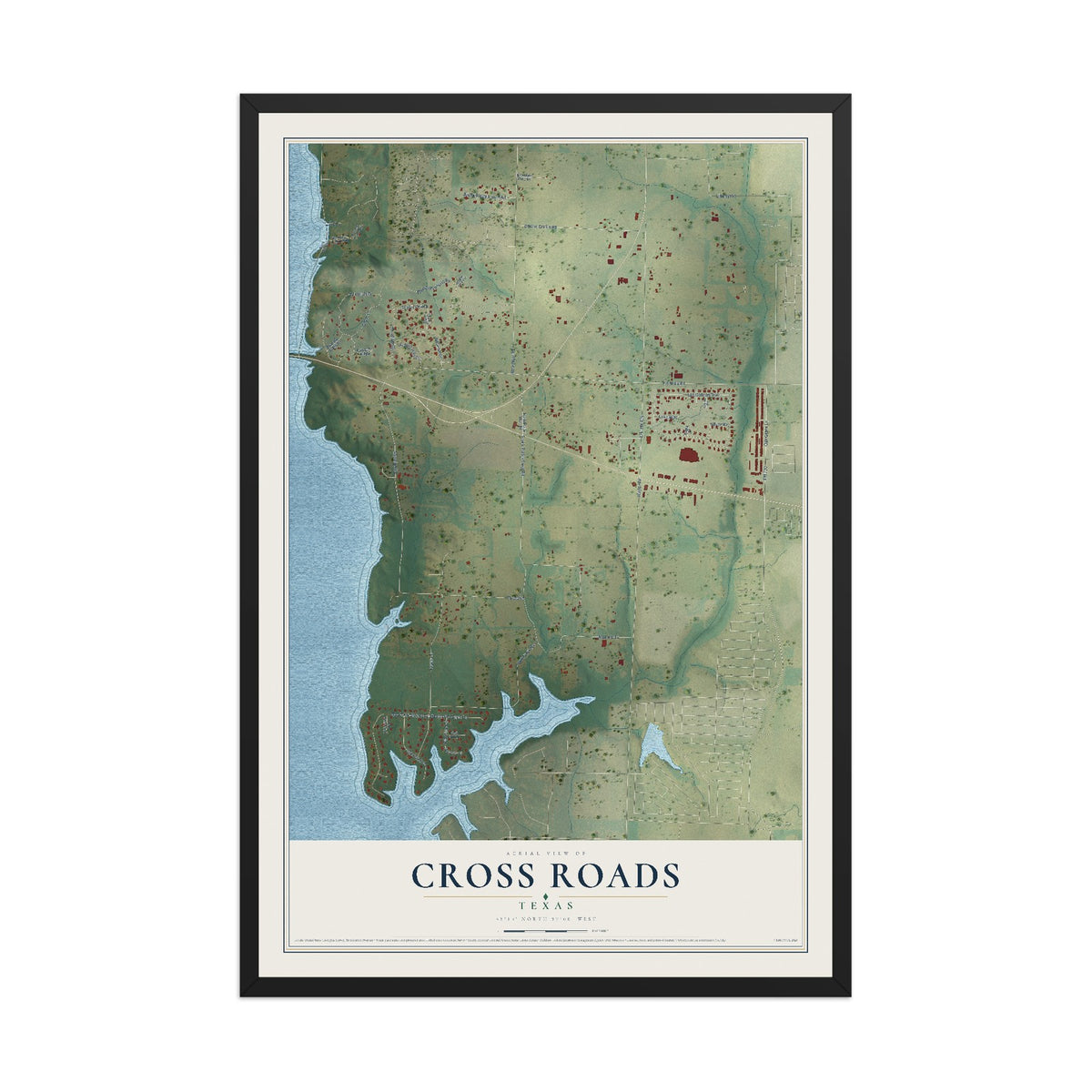 Map of Cross Roads, Texas, 12 x 18 inch print in a black wood frame