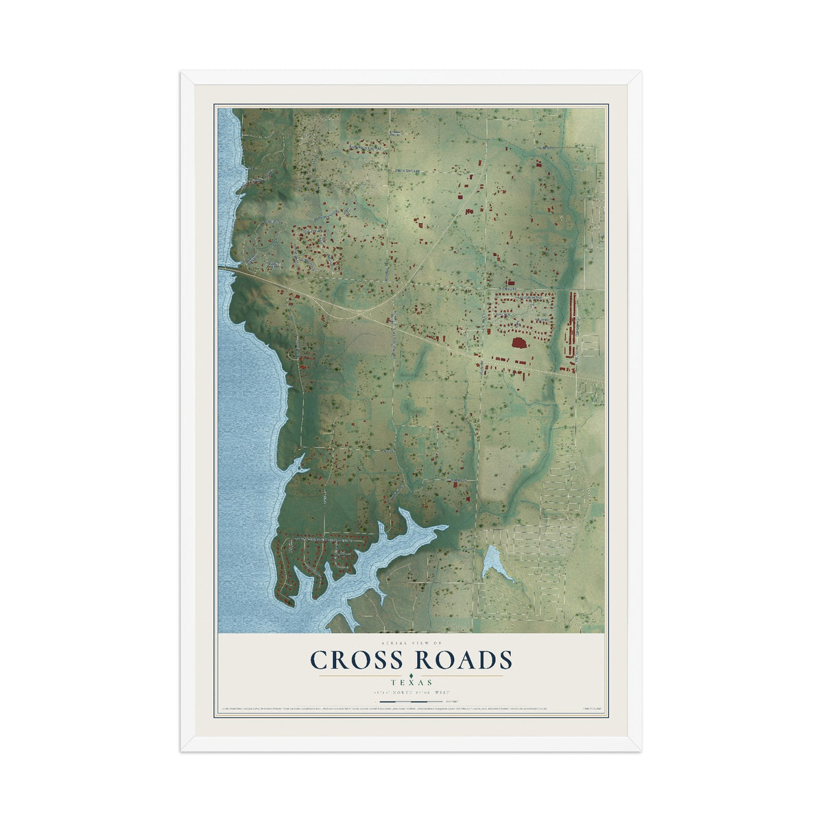 Map of Cross Roads, Texas, 12 x 18 inch print in a white wood frame
