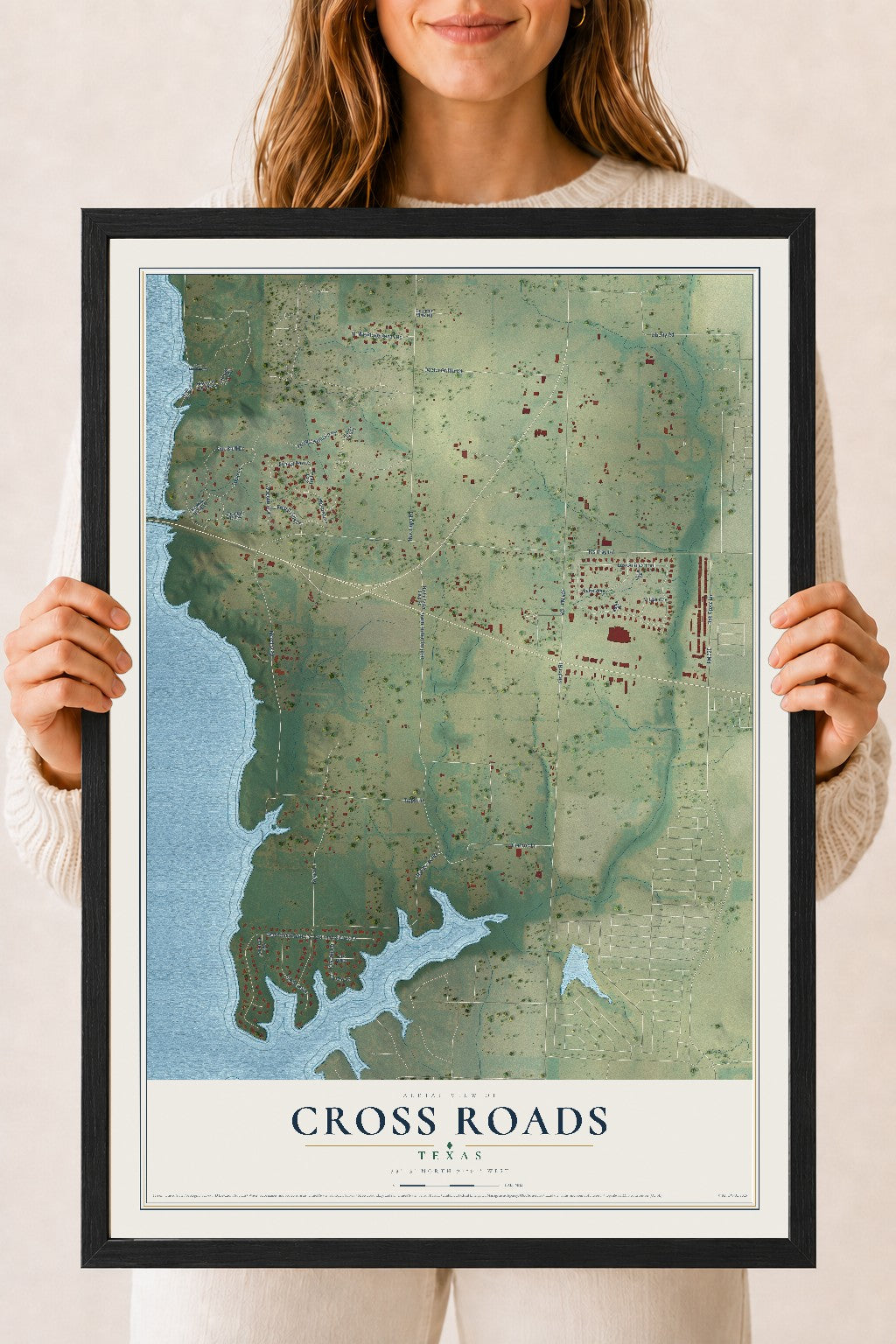 Map of Cross Roads, Texas, 18 x 24 inch print in a black wood frame