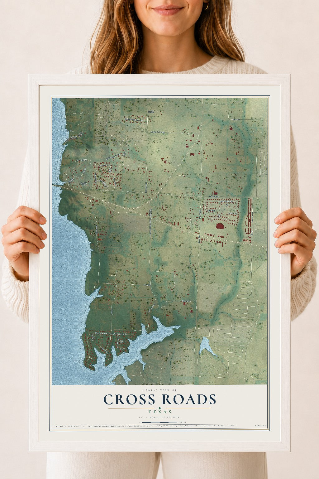 Map of Cross Roads, Texas, 18 x 24 inch print in a white wood frame