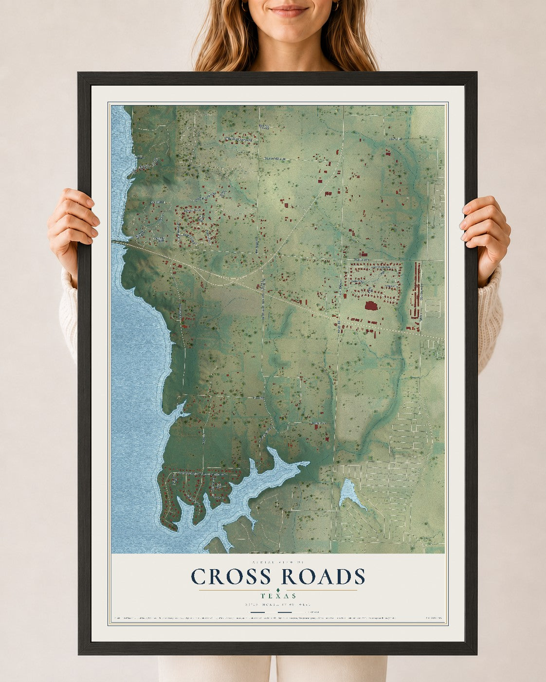 Map of Cross Roads, Texas, 24 x 36 inch print in a black wood frame