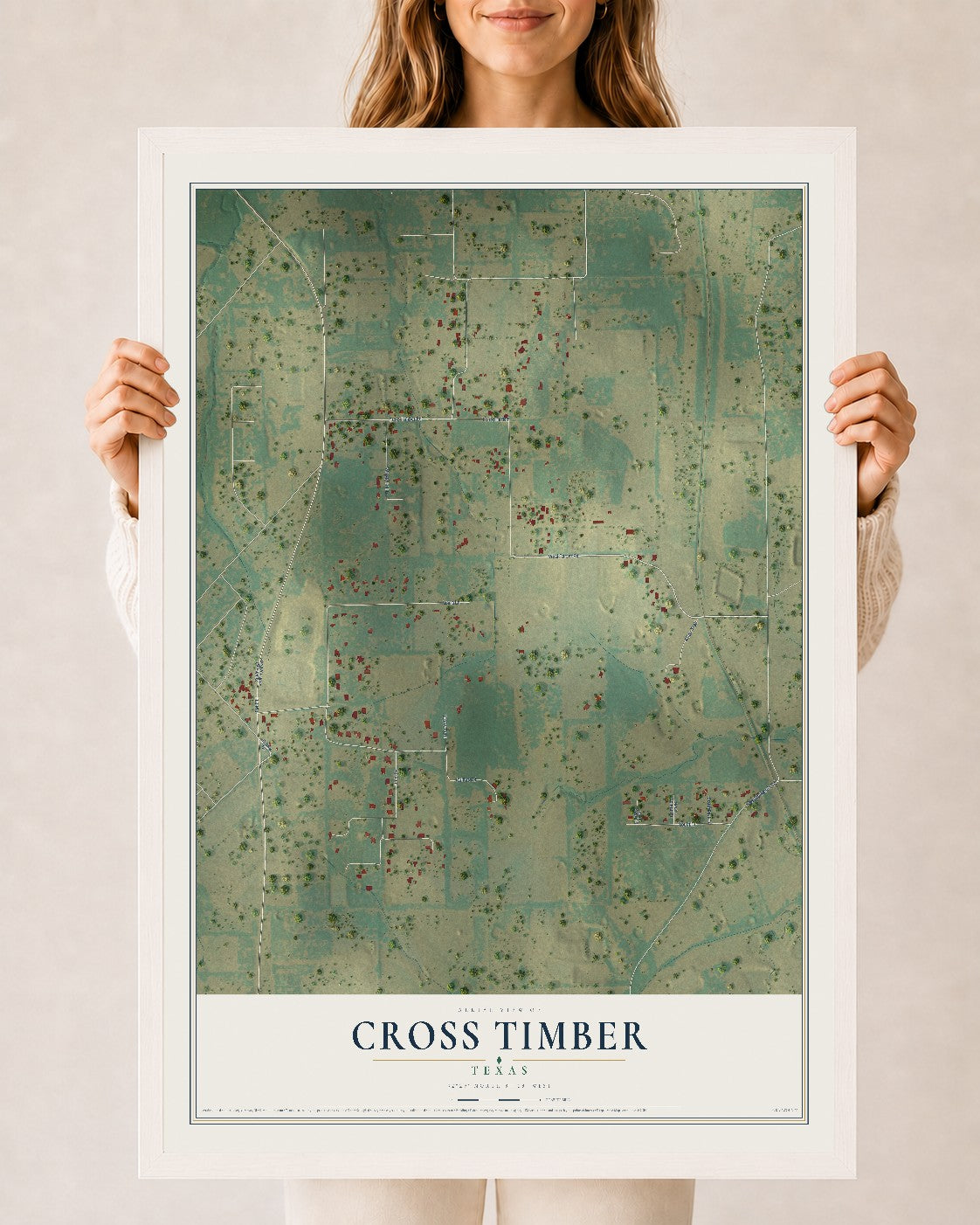 Map of Cross Timber, Texas, 24 x 36 inch print in a white wood frame