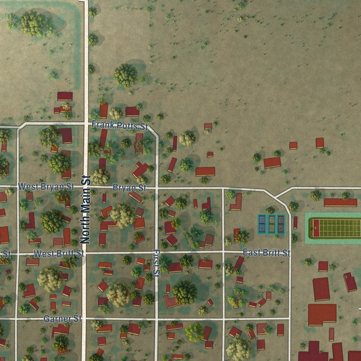 Second close-up of the map of Crowell, Texas print showing more streets and buildings