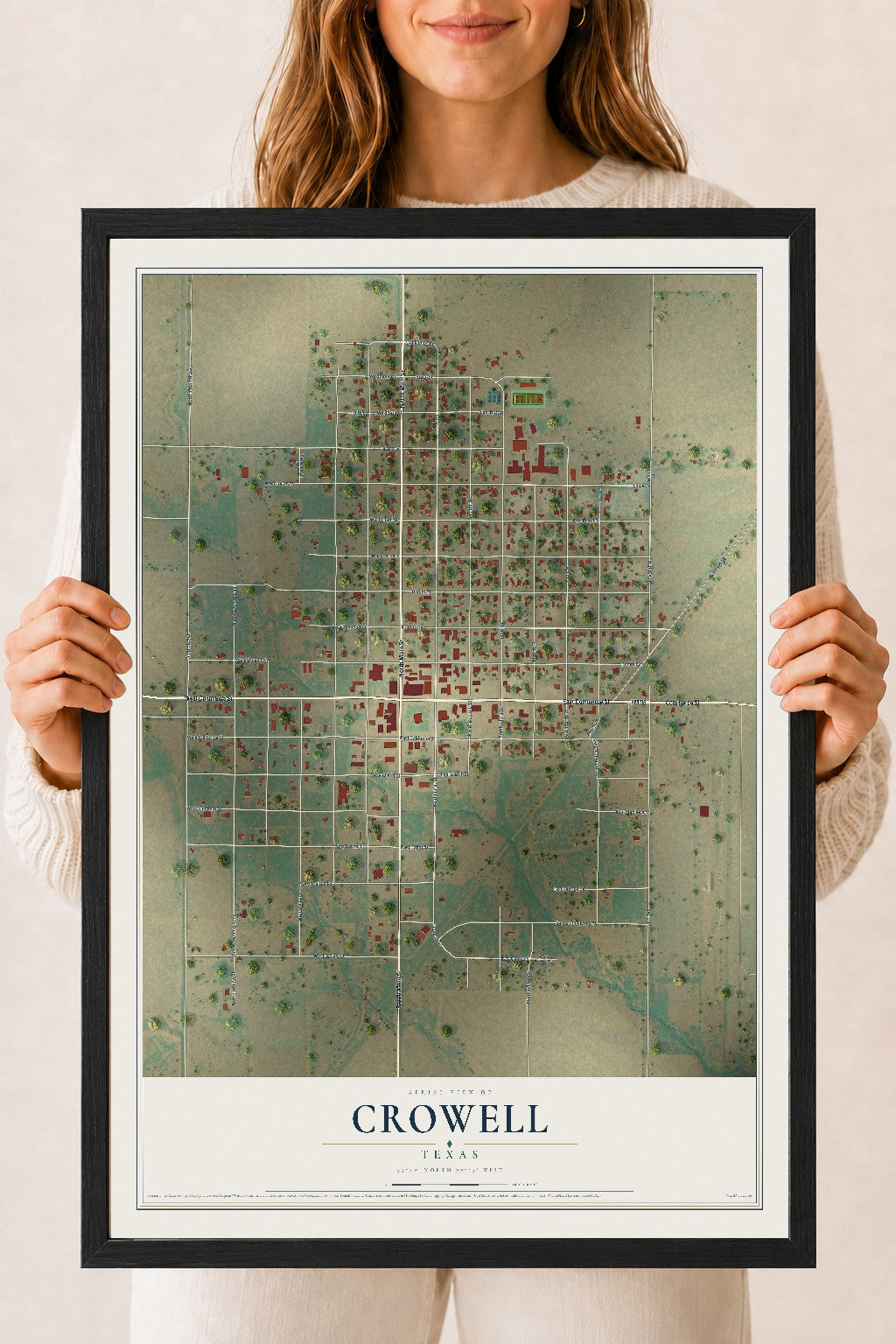 Map of Crowell, Texas, 18 x 24 inch print in a black wood frame