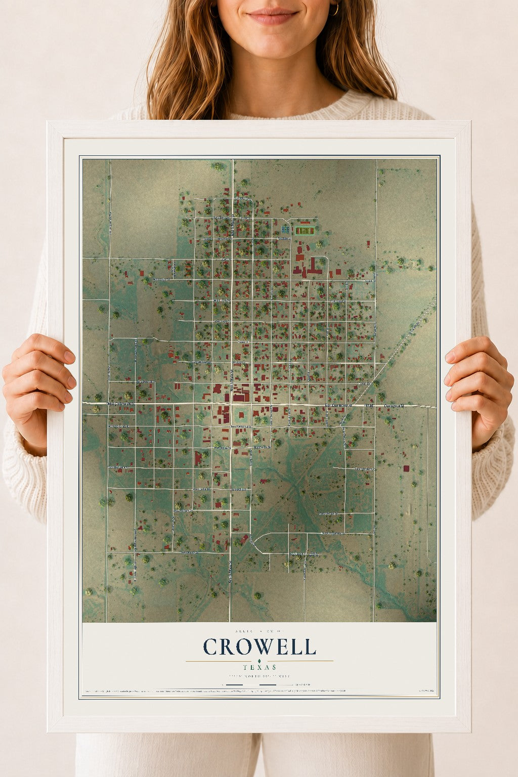 Map of Crowell, Texas, 18 x 24 inch print in a white wood frame