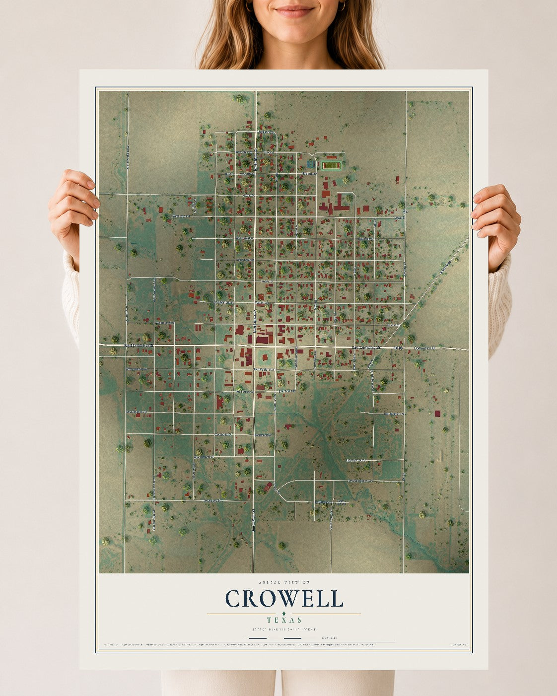 Map of Crowell, Texas, 24 x 36 inch unframed archival matte print