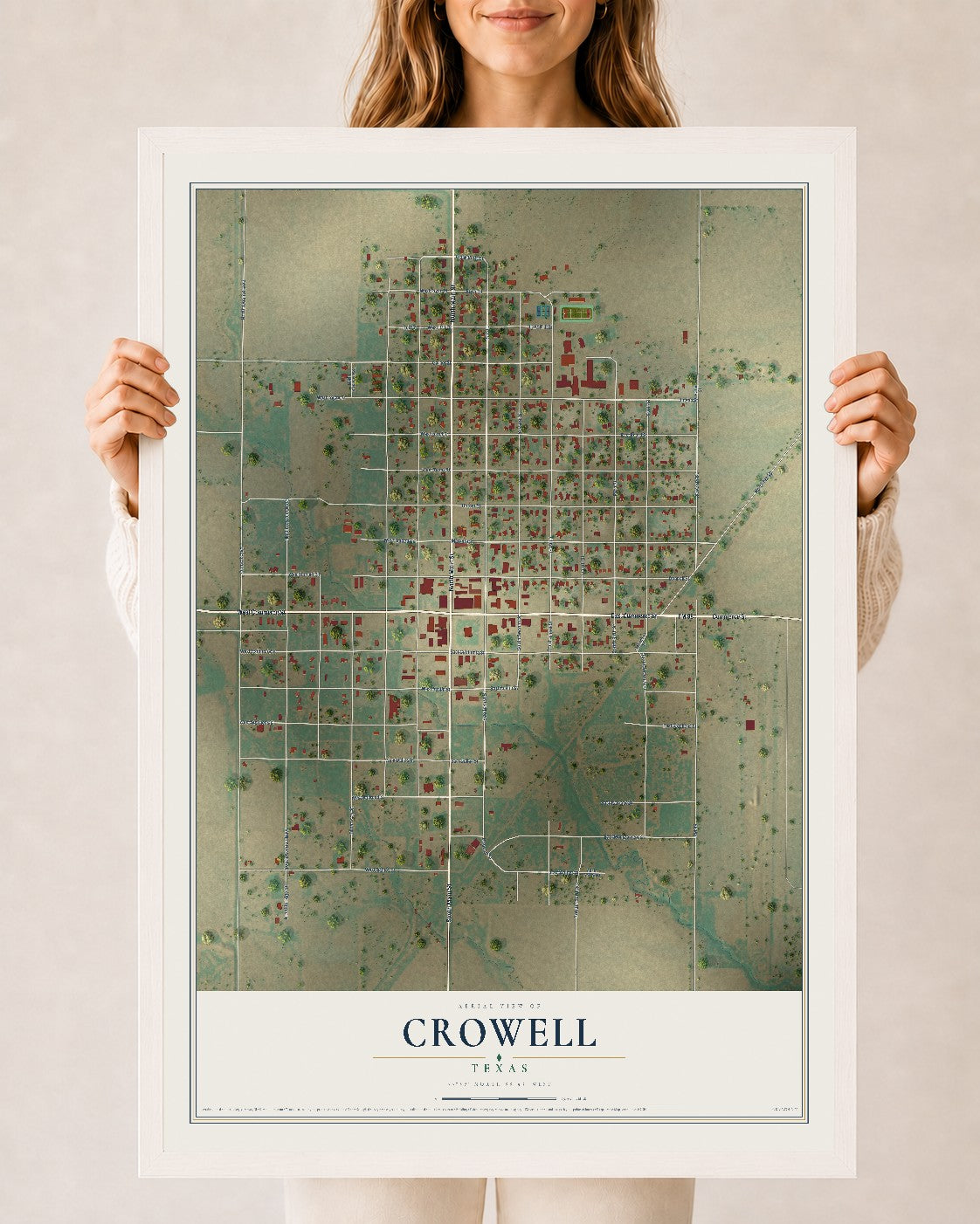 Map of Crowell, Texas, 24 x 36 inch print in a white wood frame