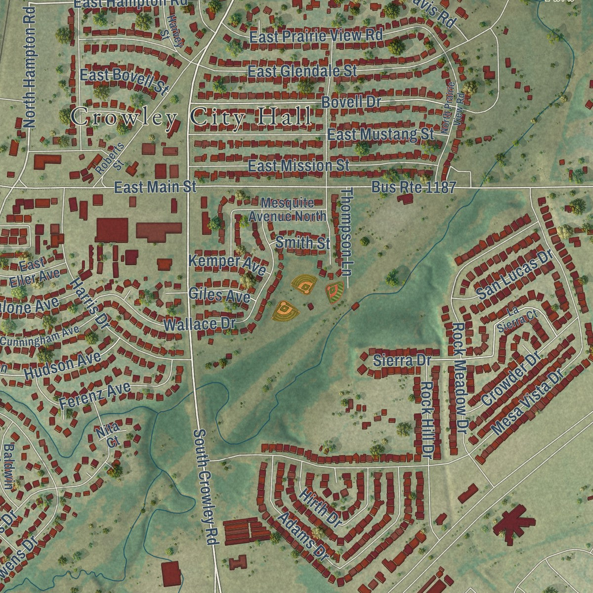 Second close-up of the map of Crowley, Texas print showing more streets and buildings