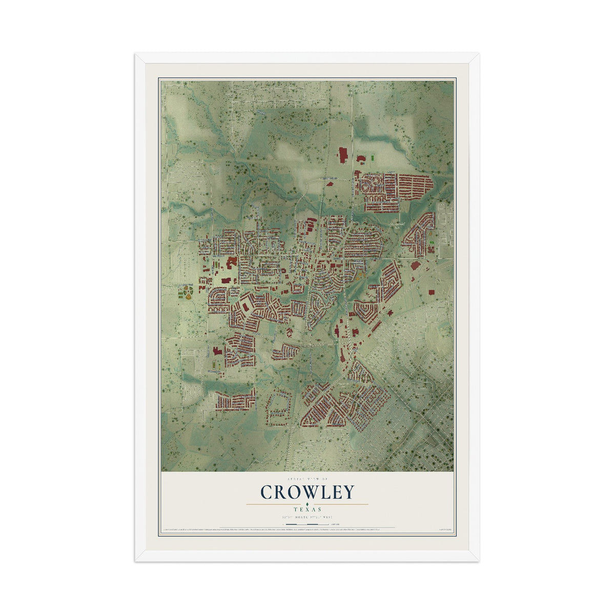 Map of Crowley, Texas, 12 x 18 inch print in a white wood frame