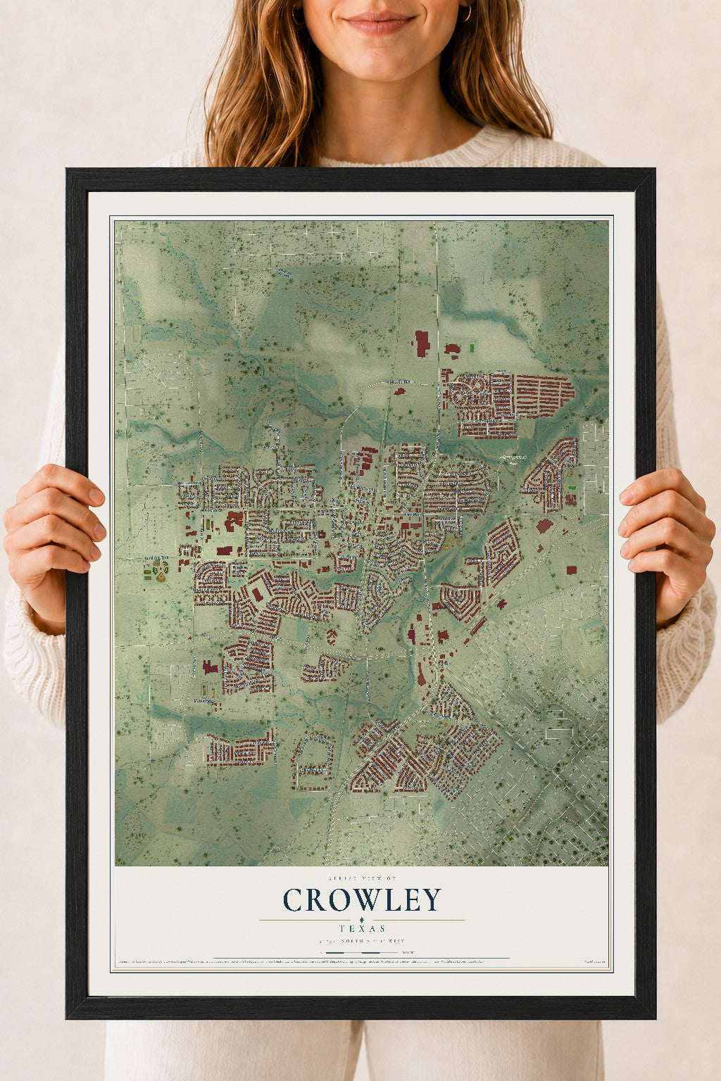 Map of Crowley, Texas, 18 x 24 inch print in a black wood frame