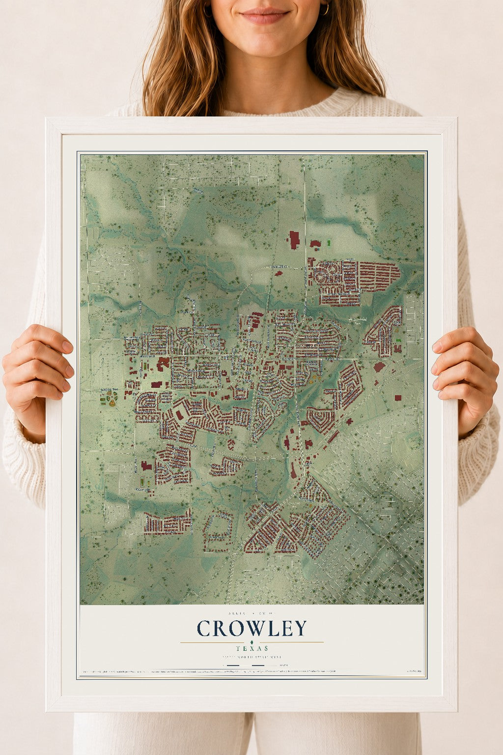 Map of Crowley, Texas, 18 x 24 inch print in a white wood frame