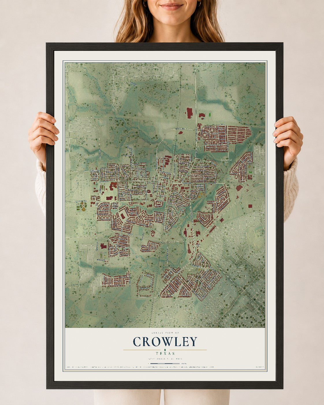 Map of Crowley, Texas, 24 x 36 inch print in a black wood frame