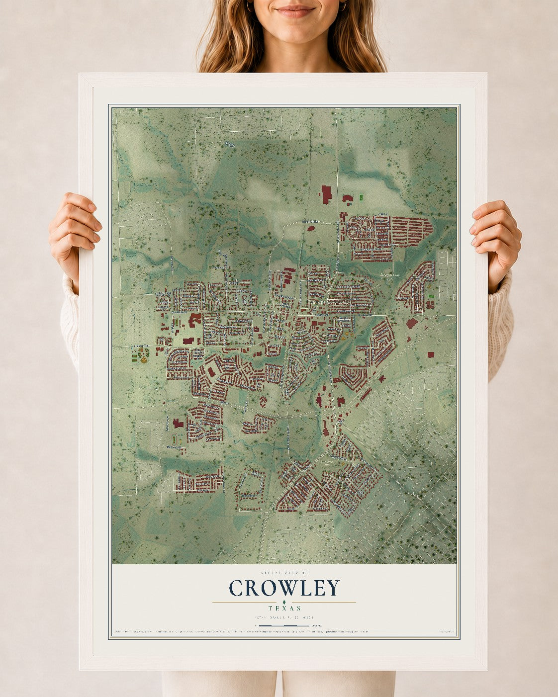 Map of Crowley, Texas, 24 x 36 inch print in a white wood frame