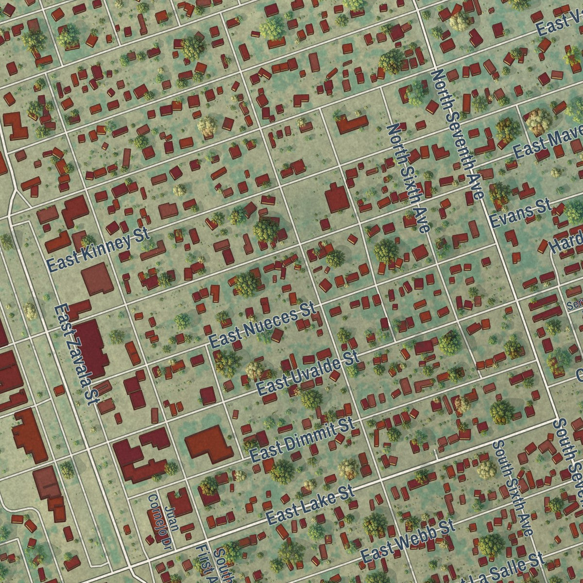 Close-up of the map of Crystal City, Texas print showing street and building detail