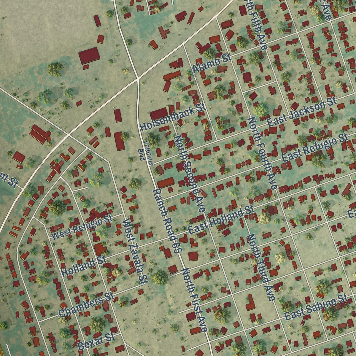 Second close-up of the map of Crystal City, Texas print showing more streets and buildings
