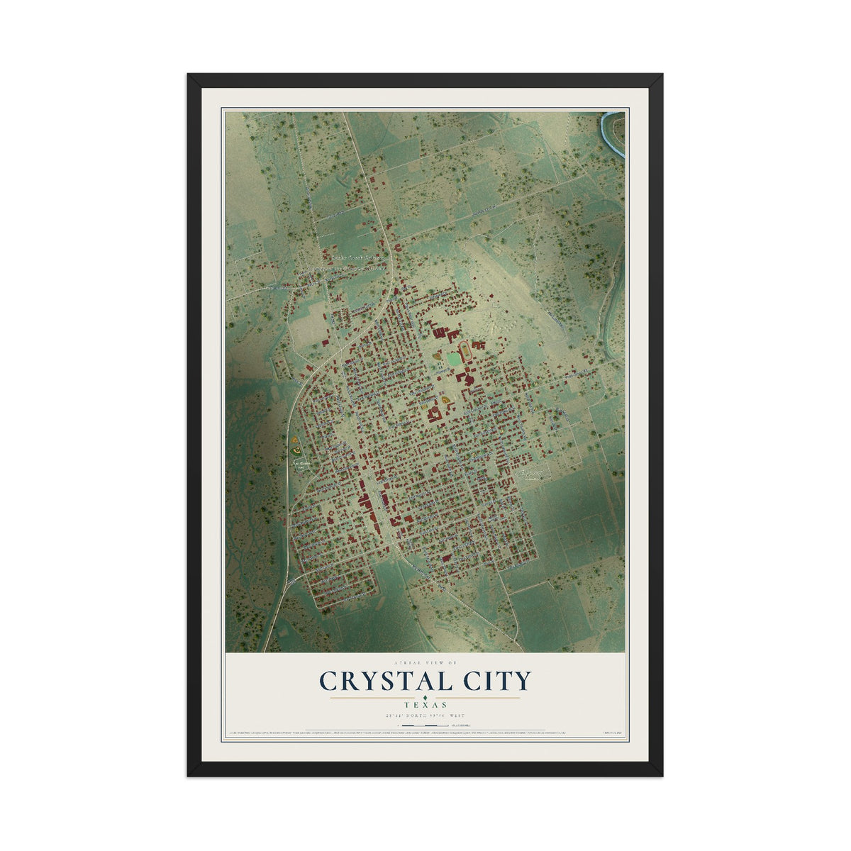 Map of Crystal City, Texas, 12 x 18 inch print in a black wood frame