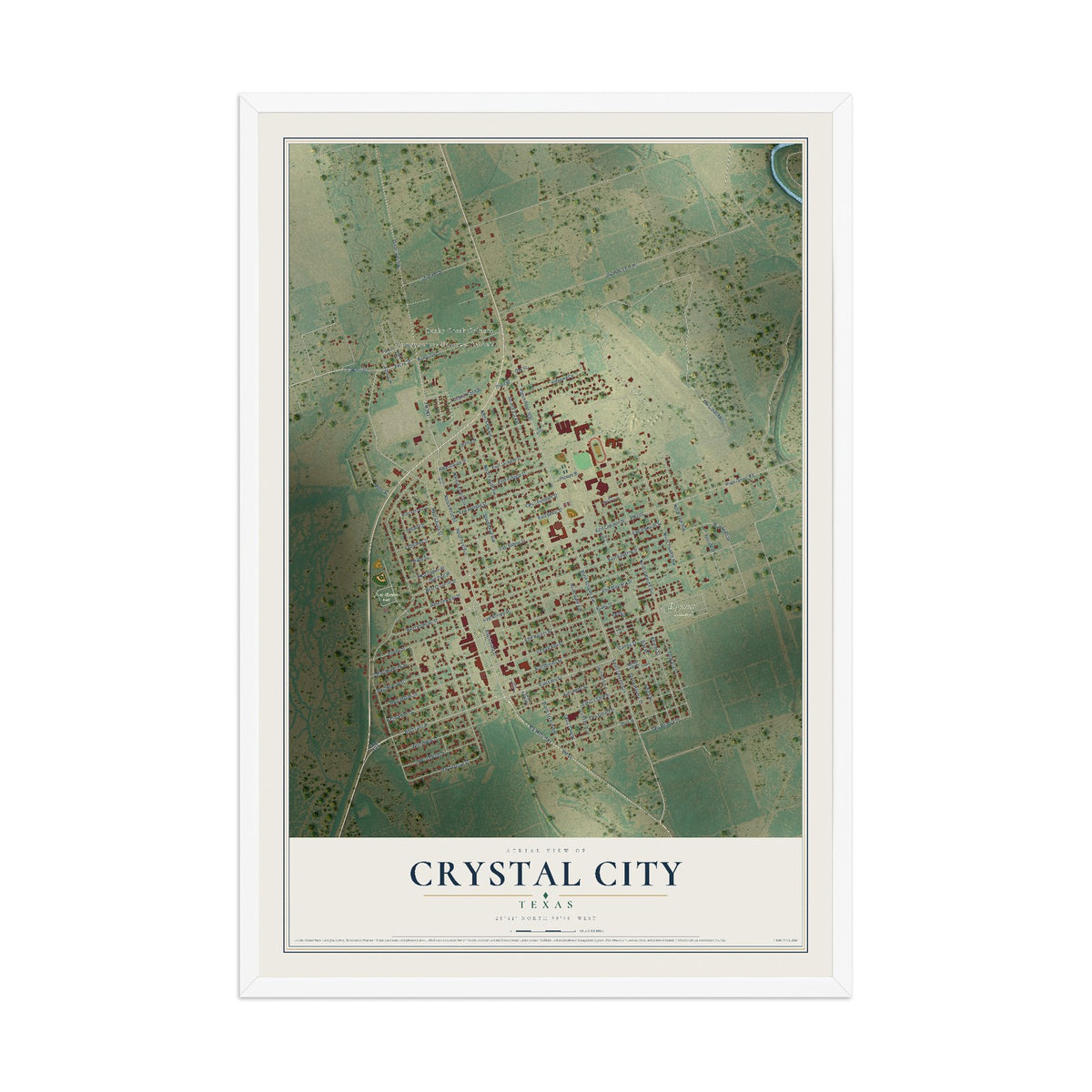 Map of Crystal City, Texas, 12 x 18 inch print in a white wood frame