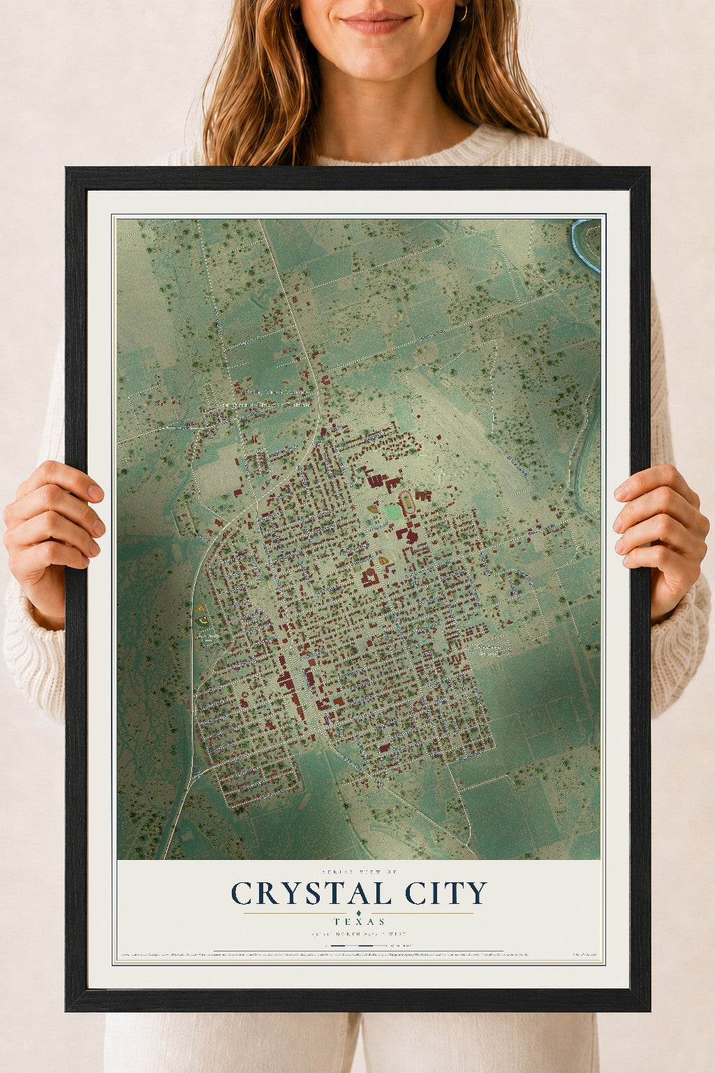 Map of Crystal City, Texas, 18 x 24 inch print in a black wood frame