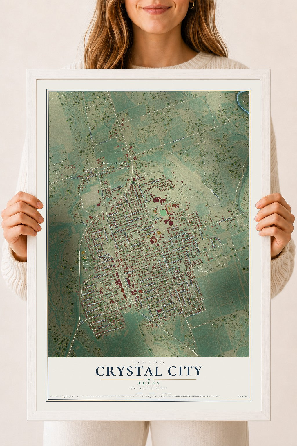 Map of Crystal City, Texas, 18 x 24 inch print in a white wood frame