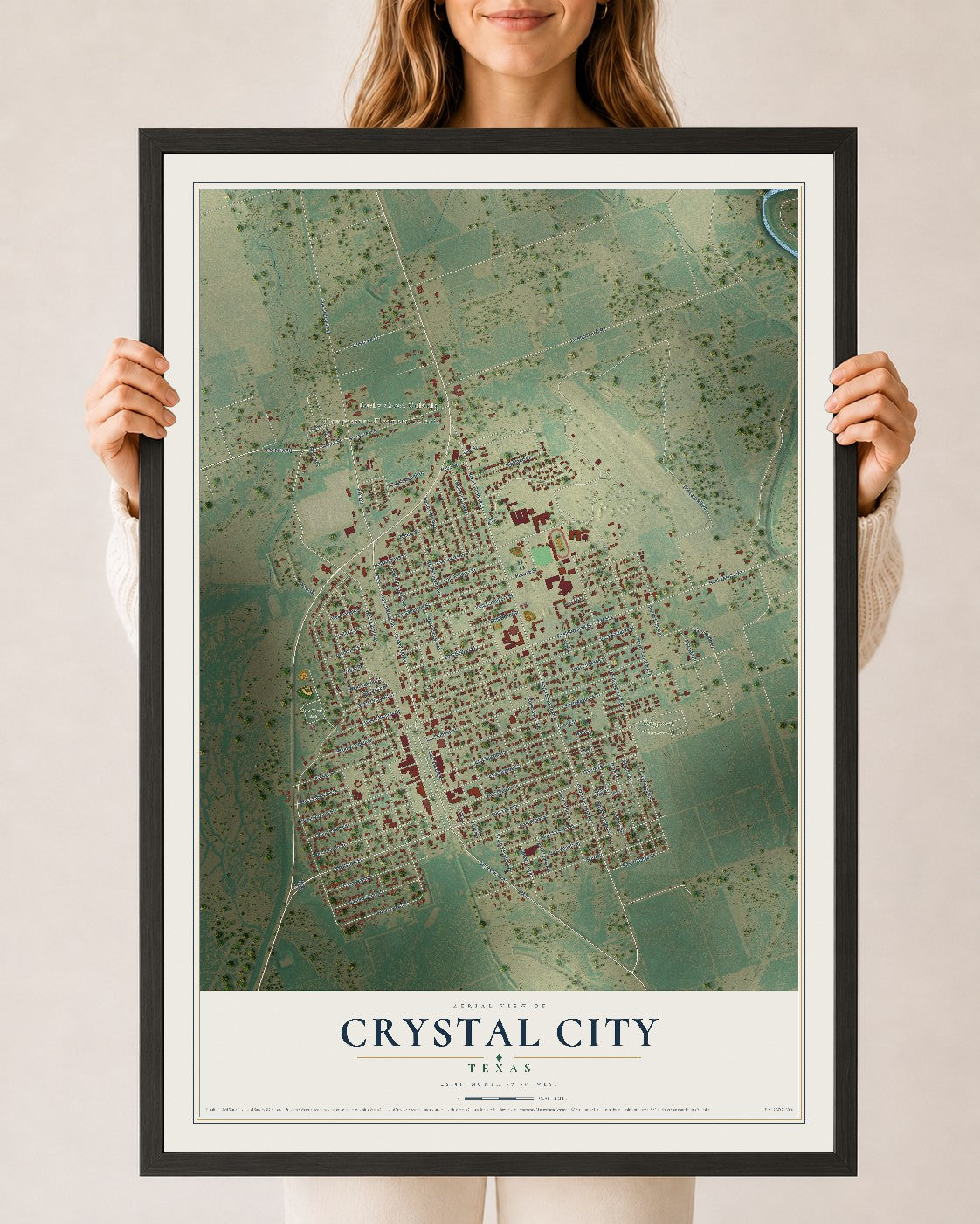 Map of Crystal City, Texas, 24 x 36 inch print in a black wood frame