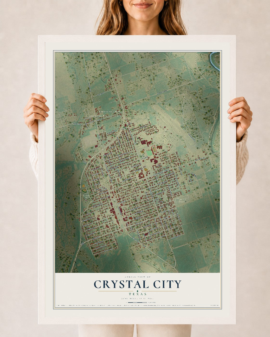 Map of Crystal City, Texas, 24 x 36 inch print in a white wood frame