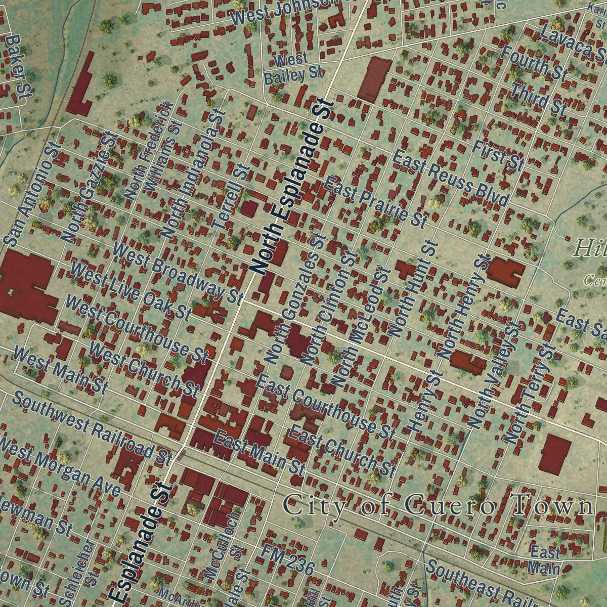 Close-up of the map of Cuero, Texas print showing street and building detail