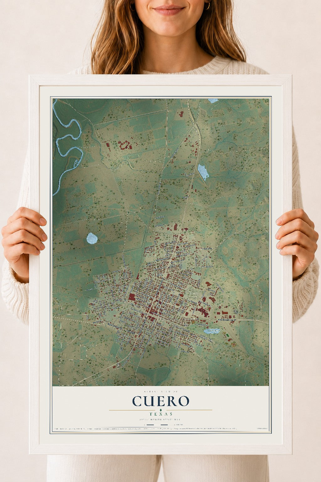 Map of Cuero, Texas, 18 x 24 inch print in a white wood frame