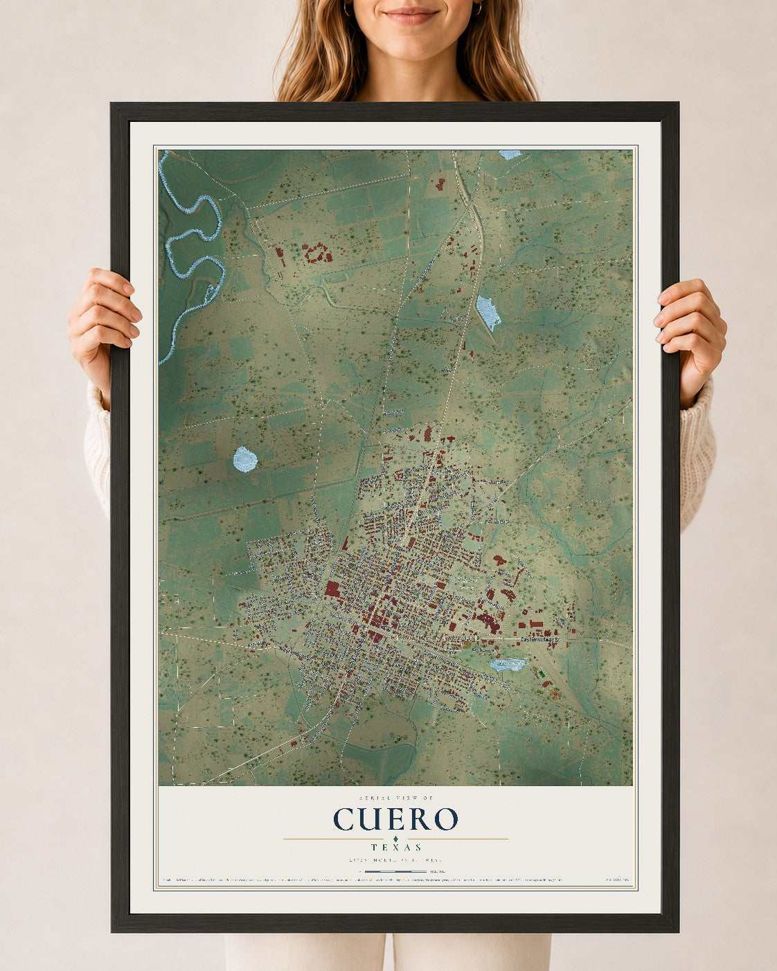 Map of Cuero, Texas, 24 x 36 inch print in a black wood frame
