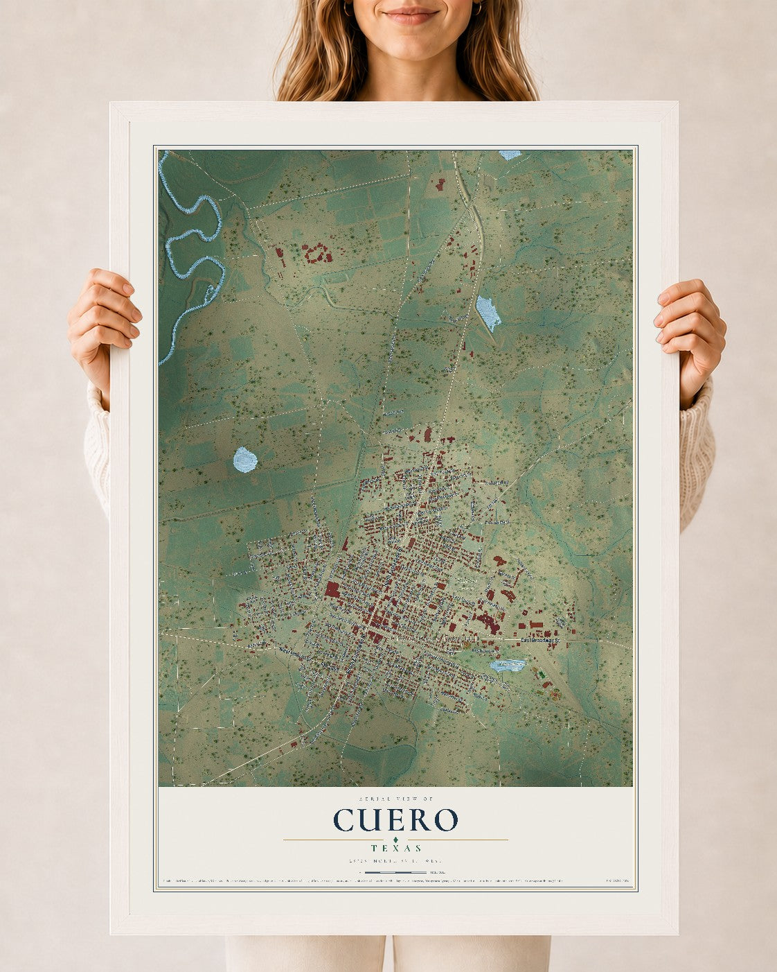 Map of Cuero, Texas, 24 x 36 inch print in a white wood frame