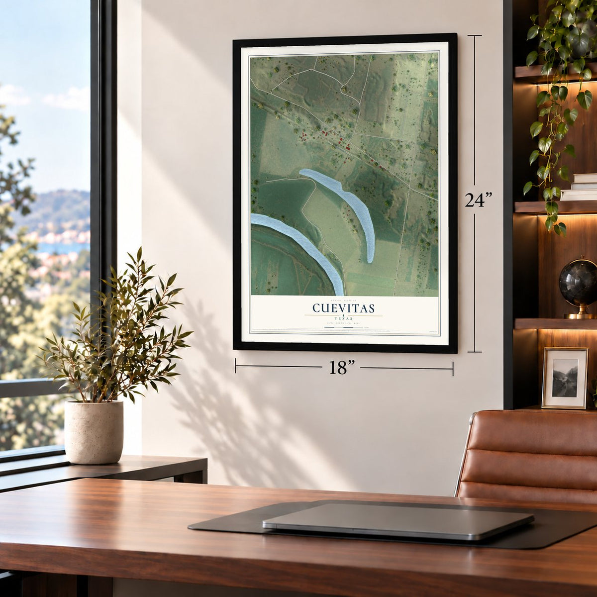 Cuevitas, Texas map, 18 x 24 inch print in a black frame in a home office
