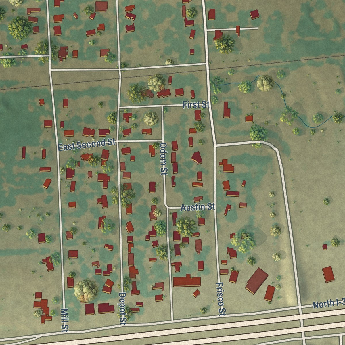 Close-up of the map of Cumby, Texas print showing street and building detail