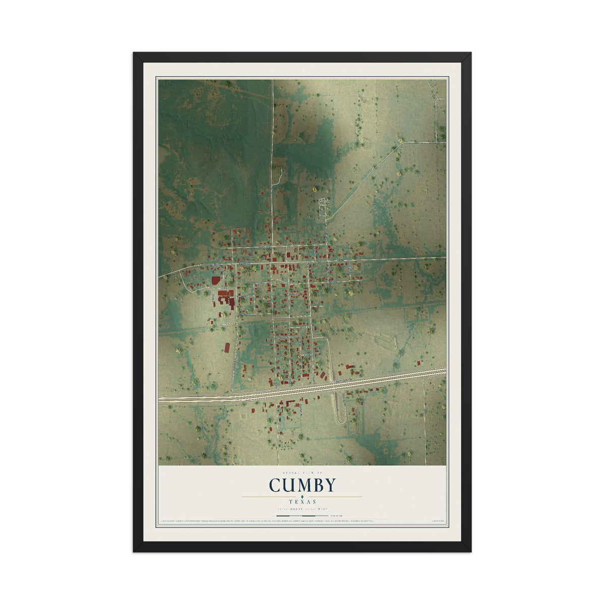 Map of Cumby, Texas, 12 x 18 inch print in a black wood frame