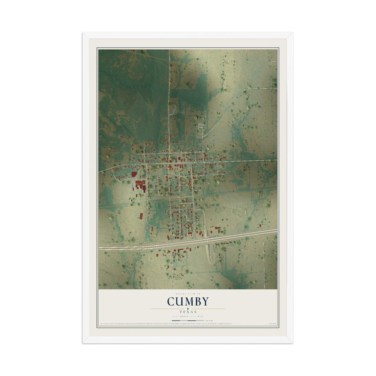 Map of Cumby, Texas, 12 x 18 inch print in a white wood frame