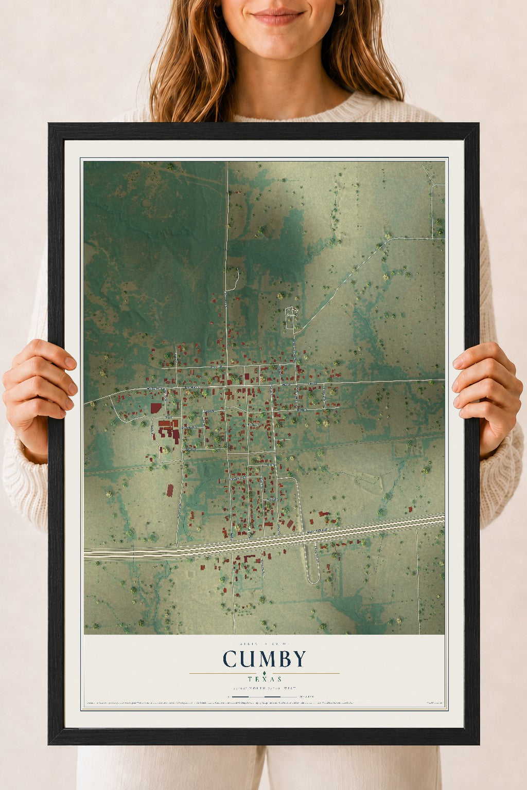 Map of Cumby, Texas, 18 x 24 inch print in a black wood frame