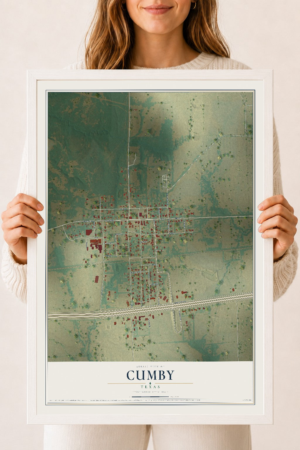 Map of Cumby, Texas, 18 x 24 inch print in a white wood frame