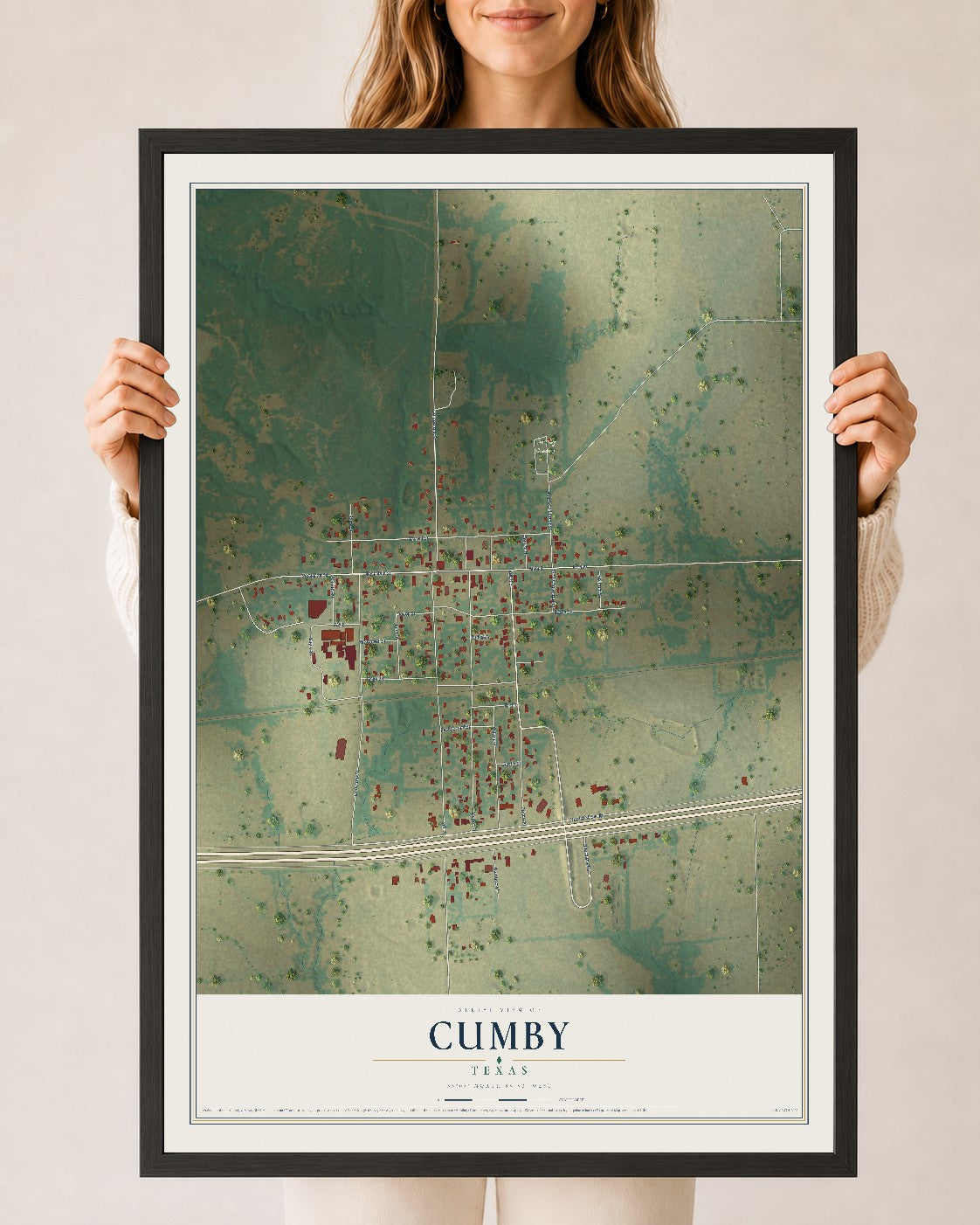 Map of Cumby, Texas, 24 x 36 inch print in a black wood frame